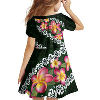 Green Polynesia Kid Short Sleeve Dress Plumeria With Hibiscus Pattern Tropical Vibes