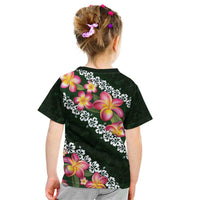 Green Polynesia Kid T Shirt Plumeria With Hibiscus Pattern Tropical Vibes