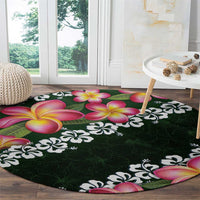 Green Polynesia Round Carpet Plumeria With Hibiscus Pattern Tropical Vibes