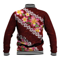 Oxblood Polynesia Baseball Jacket Plumeria With Hibiscus Pattern Tropical Vibes