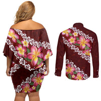 Oxblood Polynesia Couples Matching Off Shoulder Short Dress and Long Sleeve Button Shirt Plumeria With Hibiscus Pattern Tropical Vibes