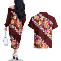 Oxblood Polynesia Couples Matching Off The Shoulder Long Sleeve Dress and Hawaiian Shirt Plumeria With Hibiscus Pattern Tropical Vibes