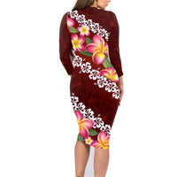Oxblood Polynesia Family Matching Long Sleeve Bodycon Dress and Hawaiian Shirt Plumeria With Hibiscus Pattern Tropical Vibes LT14 - Polynesian Pride