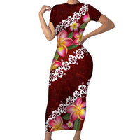 Oxblood Polynesia Family Matching Short Sleeve Bodycon Dress and Hawaiian Shirt Plumeria With Hibiscus Pattern Tropical Vibes LT14 Mom's Dress Oxblood - Polynesian Pride