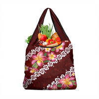 Oxblood Polynesia Grocery Bag Plumeria With Hibiscus Pattern Tropical Vibes