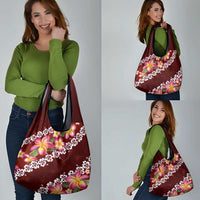 Oxblood Polynesia Grocery Bag Plumeria With Hibiscus Pattern Tropical Vibes