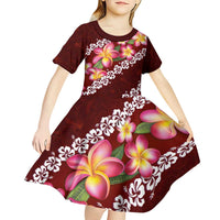Oxblood Polynesia Kid Short Sleeve Dress Plumeria With Hibiscus Pattern Tropical Vibes