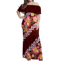 Oxblood Polynesia Off Shoulder Maxi Dress Plumeria With Hibiscus Pattern Tropical Vibes