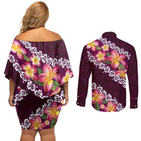 Pink Polynesia Couples Matching Off Shoulder Short Dress and Long Sleeve Button Shirt Plumeria With Hibiscus Pattern Tropical Vibes