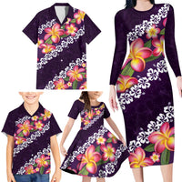 Purple Polynesia Family Matching Long Sleeve Bodycon Dress and Hawaiian Shirt Plumeria With Hibiscus Pattern Tropical Vibes LT14 - Polynesian Pride