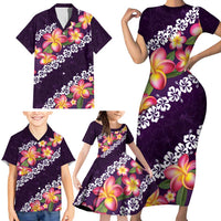 Purple Polynesia Family Matching Short Sleeve Bodycon Dress and Hawaiian Shirt Plumeria With Hibiscus Pattern Tropical Vibes LT14 - Polynesian Pride