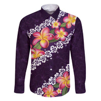 Purple Polynesia Family Matching Short Sleeve Bodycon Dress and Hawaiian Shirt Plumeria With Hibiscus Pattern Tropical Vibes LT14 Dad's Shirt - Long Sleeve Purple - Polynesian Pride