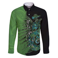 Personalised New Zealand Darts Family Matching Puletasi and Hawaiian Shirt Aotearoa Maori Fern Mix Manaia Tattoo LT14 Dad's Shirt - Long Sleeve Green - Polynesian Pride