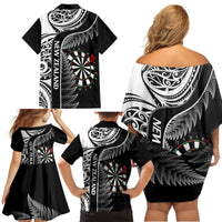 Personalised New Zealand Darts Family Matching Off Shoulder Short Dress and Hawaiian Shirt Aotearoa Fern Mix Paua Shell Manaia - Black