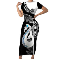 Personalised New Zealand Darts Family Matching Short Sleeve Bodycon Dress and Hawaiian Shirt Aotearoa Fern Mix Paua Shell Manaia - Black
