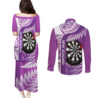 Personalised New Zealand Darts Couples Matching Puletasi and Long Sleeve Button Shirt Aotearoa Fern Mix Paua Shell Manaia - Purple