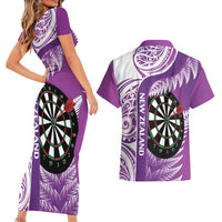 Personalised New Zealand Darts Couples Matching Short Sleeve Bodycon Dress and Hawaiian Shirt Aotearoa Fern Mix Paua Shell Manaia - Purple