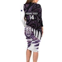 New Zealand Silver Fern Rugby Custom Family Matching Long Sleeve Bodycon Dress and Hawaiian Shirt Go All Black Purple Maori Paua Shell - Polynesian Pride