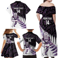 New Zealand Silver Fern Rugby Custom Family Matching Off Shoulder Maxi Dress and Hawaiian Shirt Go All Black Purple Maori Paua Shell - Polynesian Pride