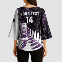 New Zealand Silver Fern Rugby Custom Kimono Sleeve Blouse Go All Black Purple Maori Paua Shell - Polynesian Pride