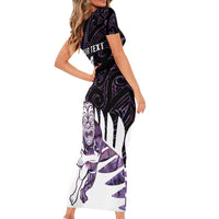 New Zealand Silver Fern Rugby Custom Short Sleeve Bodycon Dress Go All Black Purple Maori Paua Shell - Polynesian Pride