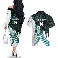 New Zealand Silver Fern Rugby Custom Couples Matching Off The Shoulder Long Sleeve Dress and Hawaiian Shirt Go All Black Turquoise Maori Paua Shell - Polynesian Pride