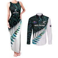 New Zealand Silver Fern Rugby Custom Couples Matching Tank Maxi Dress and Long Sleeve Button Shirt Go All Black Turquoise Maori Paua Shell - Polynesian Pride