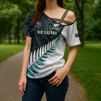 New Zealand Silver Fern Rugby Custom Cross Shoulder Shirt Go All Black Turquoise Maori Paua Shell - Polynesian Pride