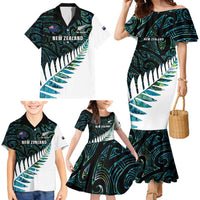 New Zealand Silver Fern Rugby Custom Family Matching Mermaid Dress and Hawaiian Shirt Go All Black Turquoise Maori Paua Shell - Polynesian Pride