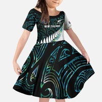 New Zealand Silver Fern Rugby Custom Family Matching Off The Shoulder Long Sleeve Dress and Hawaiian Shirt Go All Black Turquoise Maori Paua Shell - Polynesian Pride