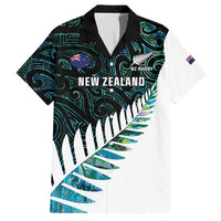 New Zealand Silver Fern Rugby Custom Family Matching Off Shoulder Short Dress and Hawaiian Shirt Go All Black Turquoise Maori Paua Shell - Polynesian Pride