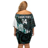 New Zealand Silver Fern Rugby Custom Family Matching Off Shoulder Short Dress and Hawaiian Shirt Go All Black Turquoise Maori Paua Shell - Polynesian Pride