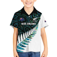 New Zealand Silver Fern Rugby Custom Family Matching Off Shoulder Short Dress and Hawaiian Shirt Go All Black Turquoise Maori Paua Shell - Polynesian Pride