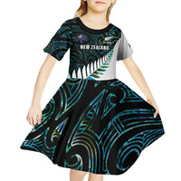 New Zealand Silver Fern Rugby Custom Kid Short Sleeve Dress Go All Black Turquoise Maori Paua Shell - Polynesian Pride
