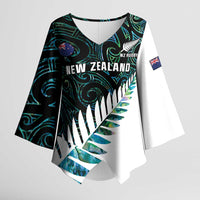New Zealand Silver Fern Rugby Custom Kimono Sleeve Blouse Go All Black Turquoise Maori Paua Shell - Polynesian Pride