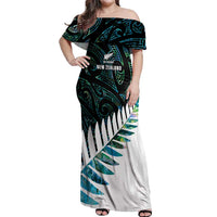 New Zealand Silver Fern Rugby Custom Off Shoulder Maxi Dress Go All Black Turquoise Maori Paua Shell - Polynesian Pride