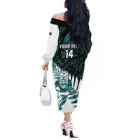 New Zealand Silver Fern Rugby Custom Off The Shoulder Long Sleeve Dress Go All Black Turquoise Maori Paua Shell - Polynesian Pride