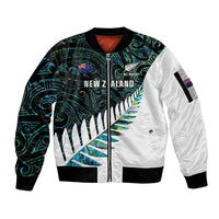 New Zealand Silver Fern Rugby Custom Sleeve Zip Bomber Jacket Go All Black Turquoise Maori Paua Shell - Polynesian Pride