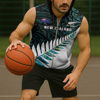 New Zealand Silver Fern Rugby Custom Sleeveless Zip Hoodie Go All Black Turquoise Maori Paua Shell LT14 - Polynesian Pride