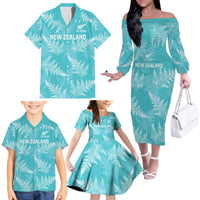 New Zealand Silver Fern Rugby Custom Family Matching Off The Shoulder Long Sleeve Dress and Hawaiian Shirt Go Aotearoa Champions Turquoise Version - Polynesian Pride