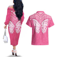 New Zealand Breast Cancer Awareness Couples Matching Off The Shoulder Long Sleeve Dress and Hawaiian Shirt Maori Butterfly Pink Ribbon - Polynesian Pride