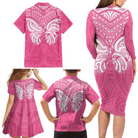 New Zealand Breast Cancer Awareness Family Matching Long Sleeve Bodycon Dress and Hawaiian Shirt Maori Butterfly Pink Ribbon LT14 - Polynesian Pride