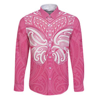New Zealand Breast Cancer Awareness Family Matching Mermaid Dress and Hawaiian Shirt Maori Butterfly Pink Ribbon LT14 Dad's Shirt - Long Sleeve Pink - Polynesian Pride