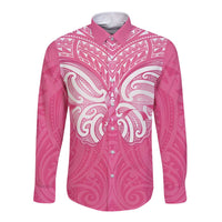 New Zealand Breast Cancer Awareness Long Sleeve Button Shirt Maori Butterfly Pink Ribbon - Polynesian Pride