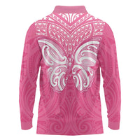 New Zealand Breast Cancer Awareness Long Sleeve Polo Shirt Maori Butterfly Pink Ribbon - Polynesian Pride