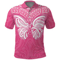 New Zealand Breast Cancer Awareness Polo Shirt Maori Butterfly Pink Ribbon - Polynesian Pride