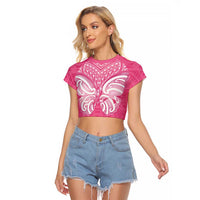 New Zealand Breast Cancer Awareness Raglan Cropped T Shirt Maori Butterfly Pink Ribbon - Polynesian Pride