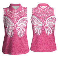 New Zealand Breast Cancer Awareness Women Sleeveless Polo Shirt Maori Butterfly Pink Ribbon - Polynesian Pride