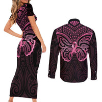 New Zealand Breast Cancer Awareness Couples Matching Short Sleeve Bodycon Dress and Long Sleeve Button Shirt Maori Butterfly Pink Ribbon Black Version - Polynesian Pride