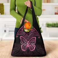 New Zealand Breast Cancer Awareness Grocery Bag Maori Butterfly Pink Ribbon Black Version - Polynesian Pride